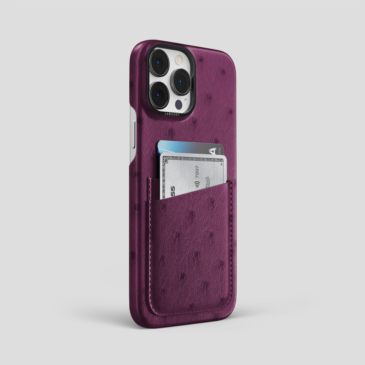 Purple iPhone 15 Pro Max Card Case Ostrich with Black Metal -2 | Purple-Black