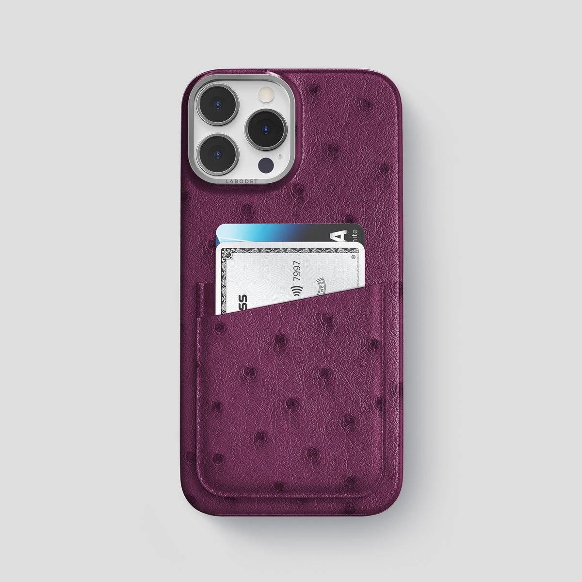 Purple iPhone 15 Pro Max Card Case Ostrich with Steel Metal -1 | Purple-Steel