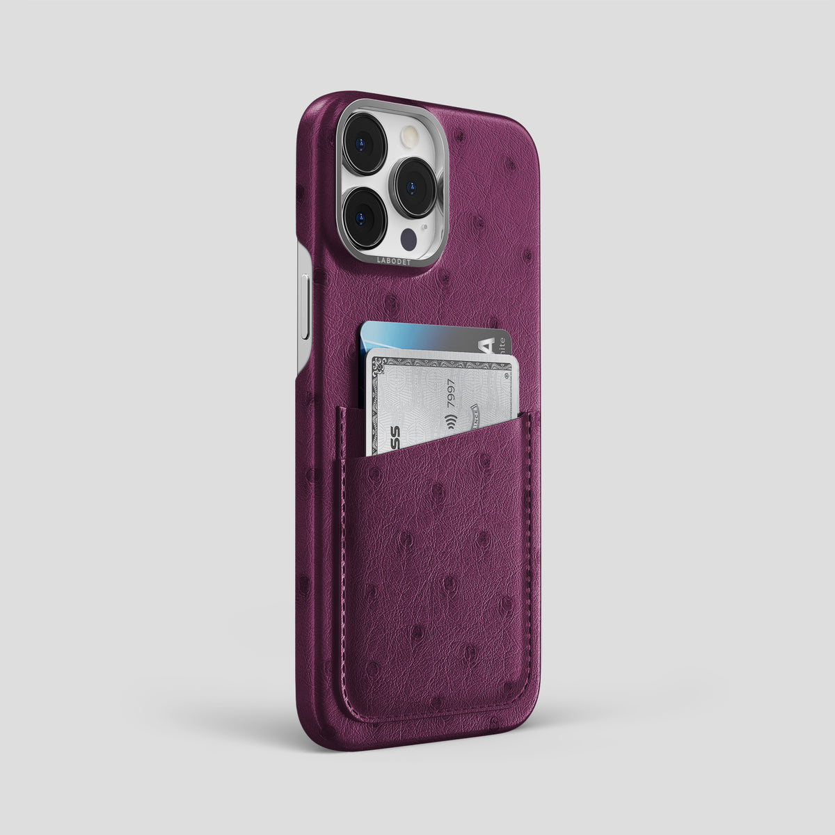 Purple iPhone 15 Pro Max Card Case Ostrich with Steel Metal -2 | Purple-Steel