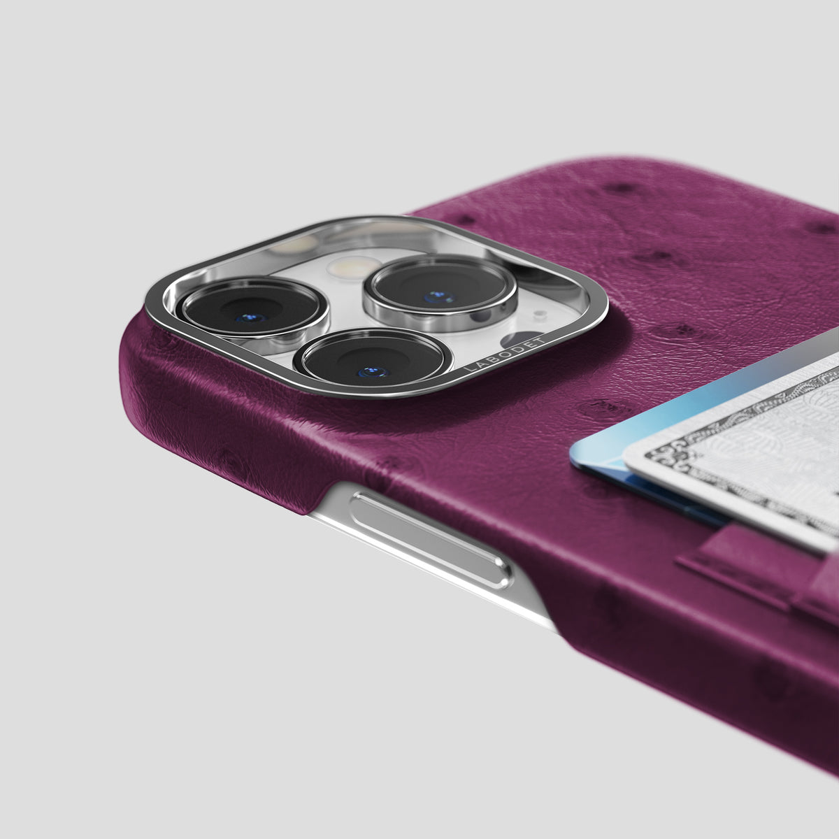Purple iPhone 15 Pro Max Card Case Ostrich with Steel Metal -5 | Purple-Steel
