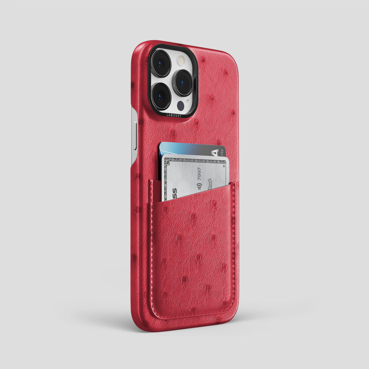 Red iPhone 15 Pro Max Card Case Ostrich with Black Metal -2 | Red-Black