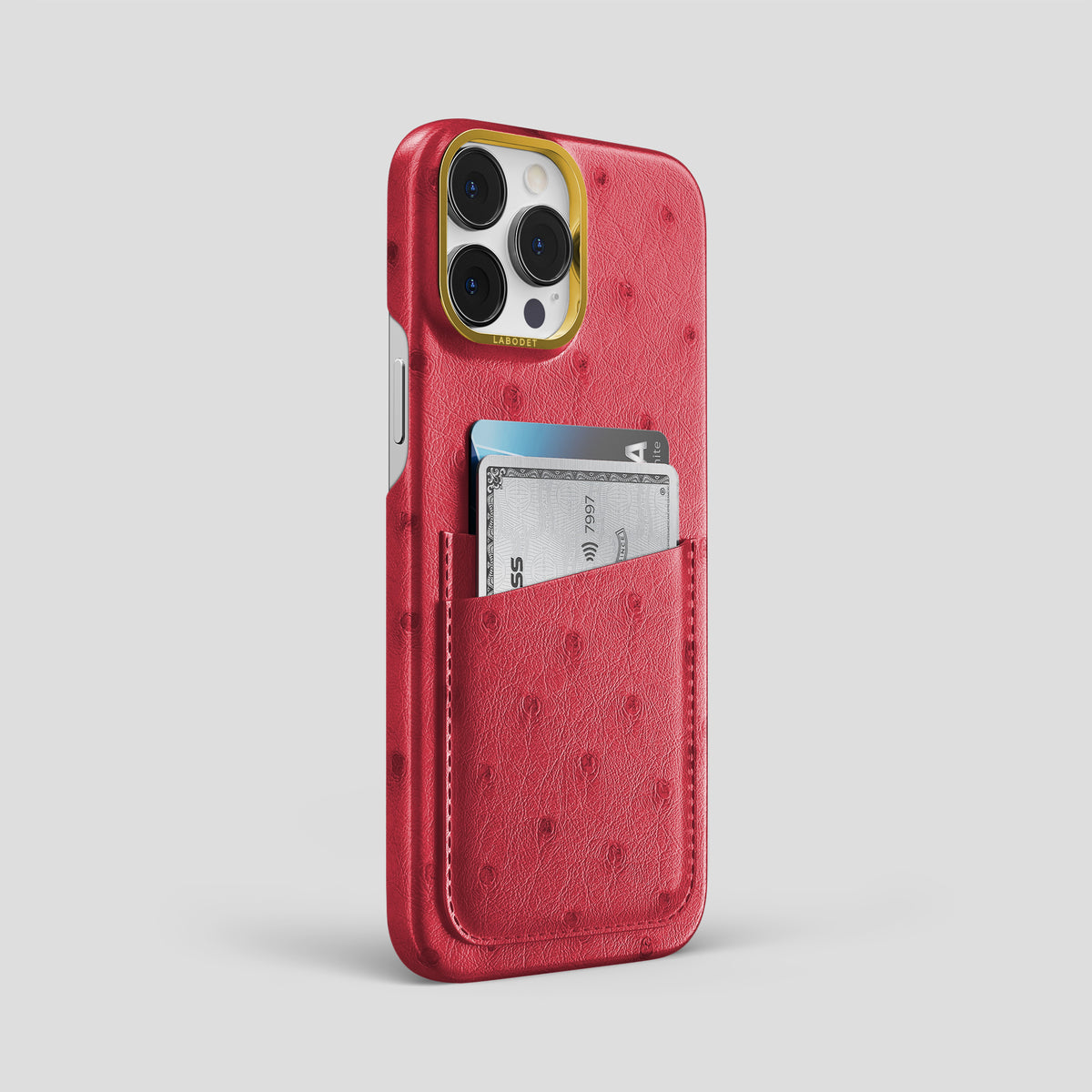 Red iPhone 15 Pro Max Card Case Ostrich with Gold Metal -2 | Red-Gold
