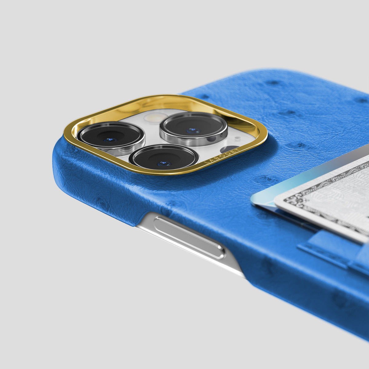 Royal-Blue iPhone 15 Pro Max Card Case Ostrich with Gold Metal -5 | Royal-Blue-Gold