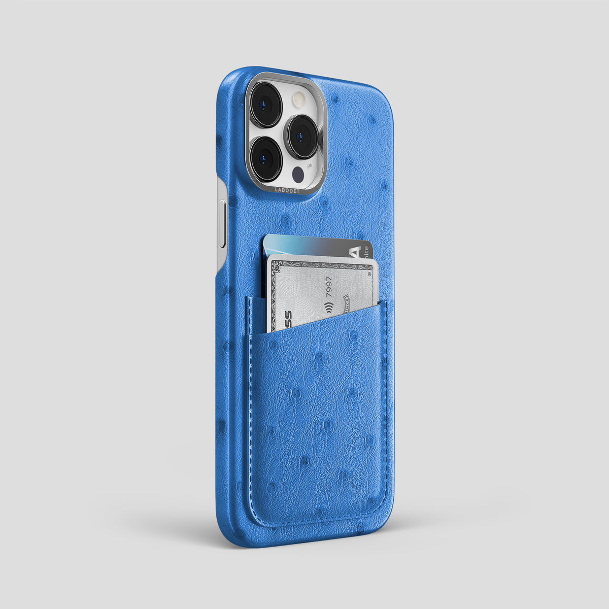 Royal-Blue iPhone 15 Pro Max Card Case Ostrich with Steel Metal -2 | Royal-Blue-Steel