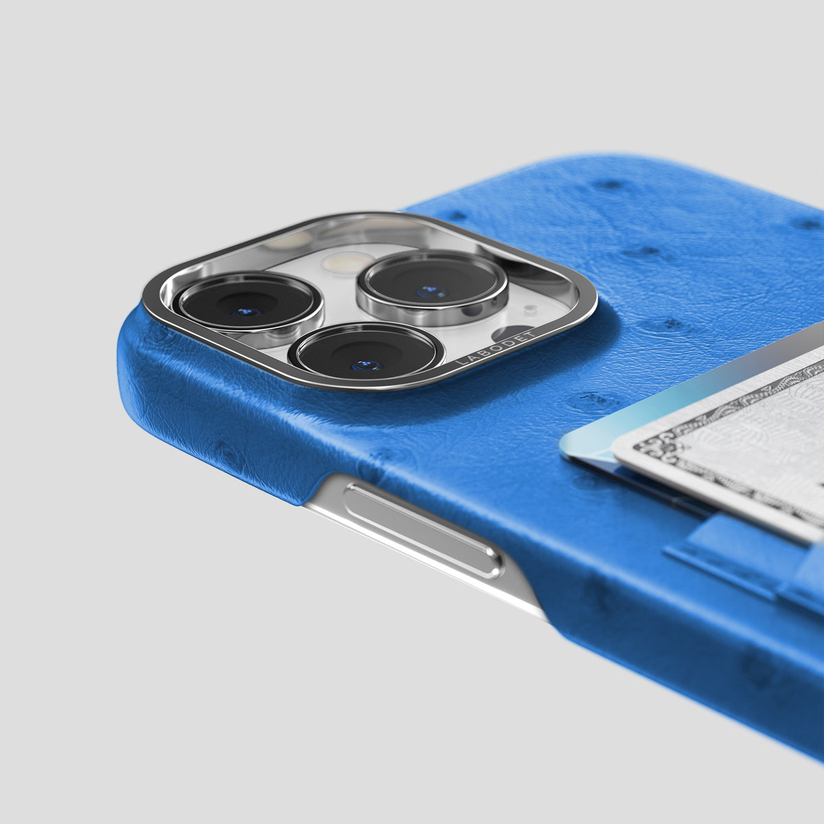 Royal-Blue iPhone 15 Pro Max Card Case Ostrich with Steel Metal -5 | Royal-Blue-Steel