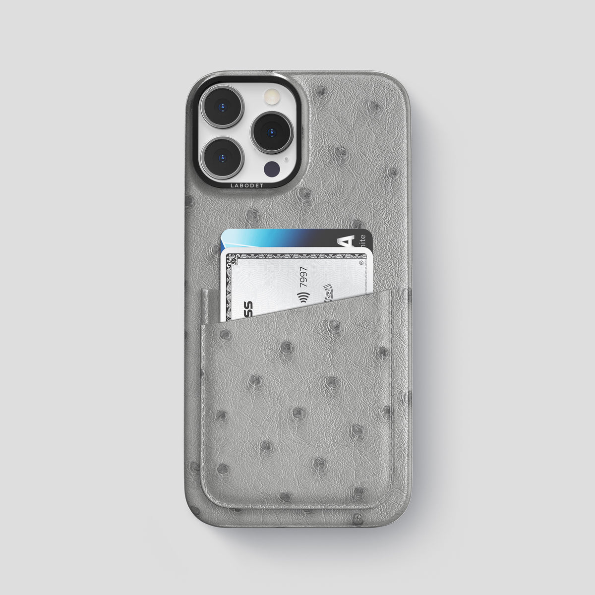 Silver iPhone 15 Pro Max Card Case Ostrich with Black Metal -1 | Silver-Black