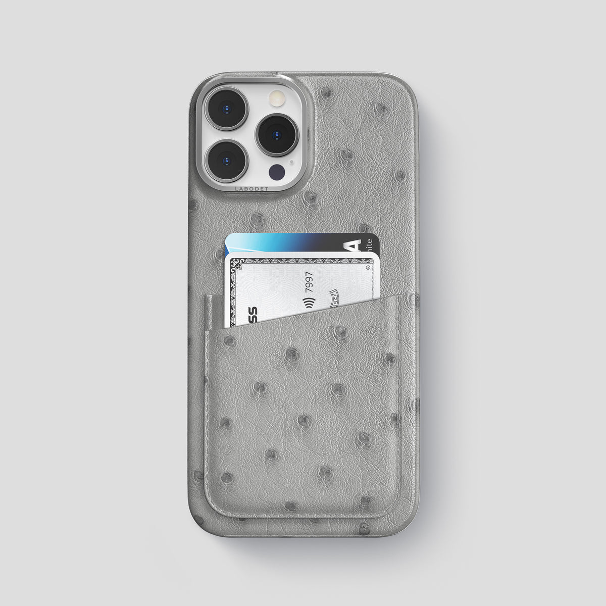 Silver iPhone 15 Pro Max Card Case Ostrich with Steel Metal -1 | Silver-Steel