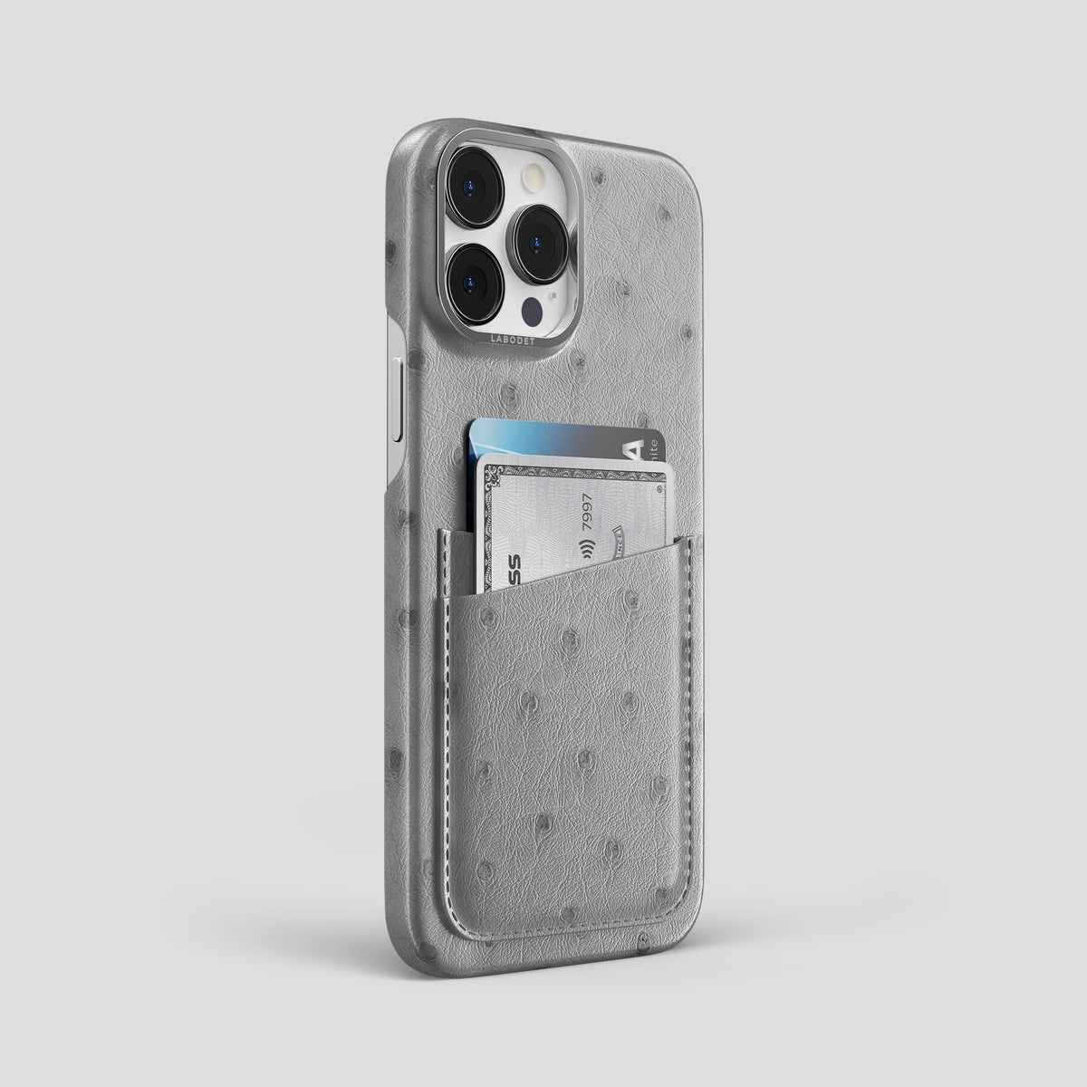 Silver iPhone 15 Pro Max Card Case Ostrich with Steel Metal -2 | Silver-Steel