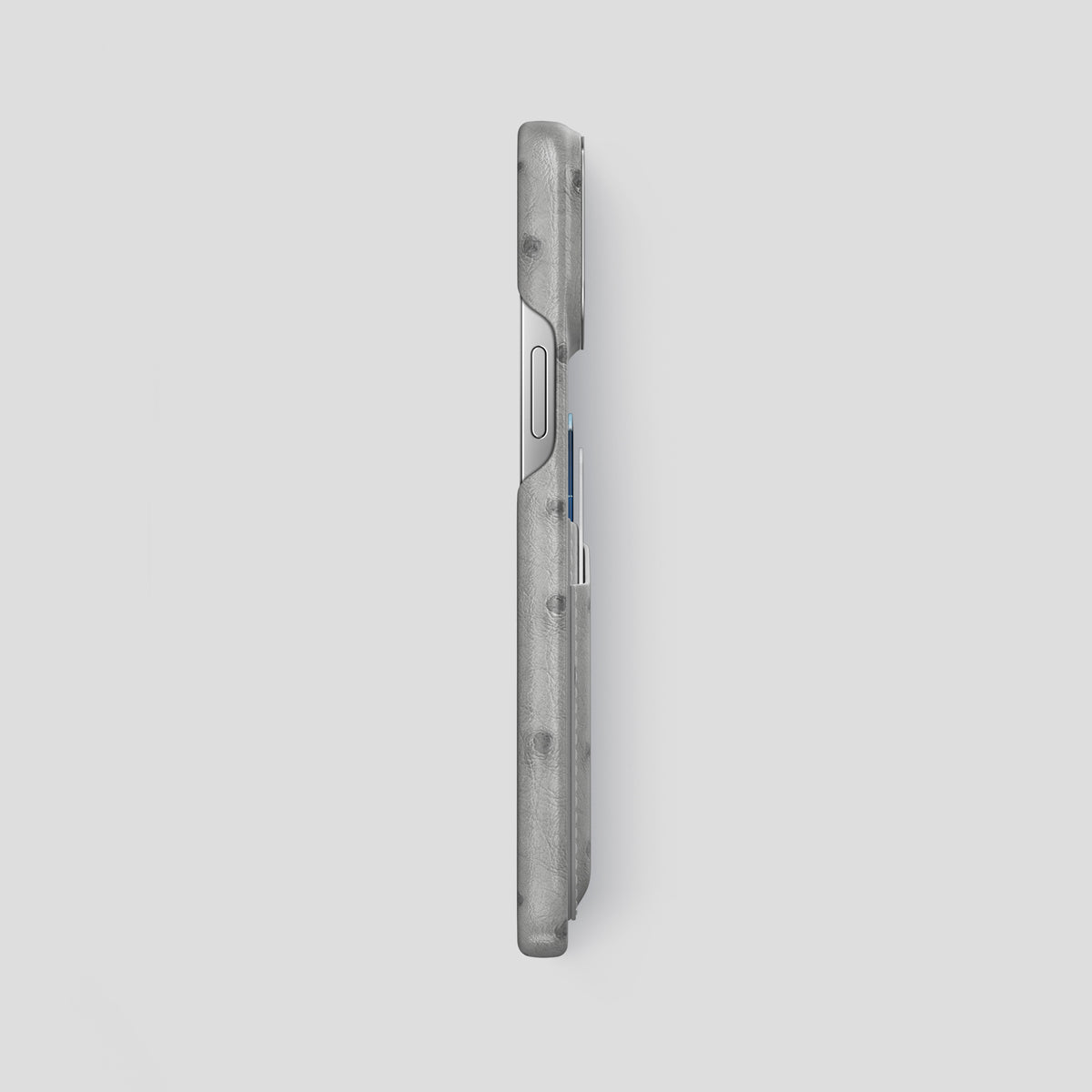 Silver iPhone 15 Pro Max Card Case Ostrich with Steel Metal -3 | Silver-Steel