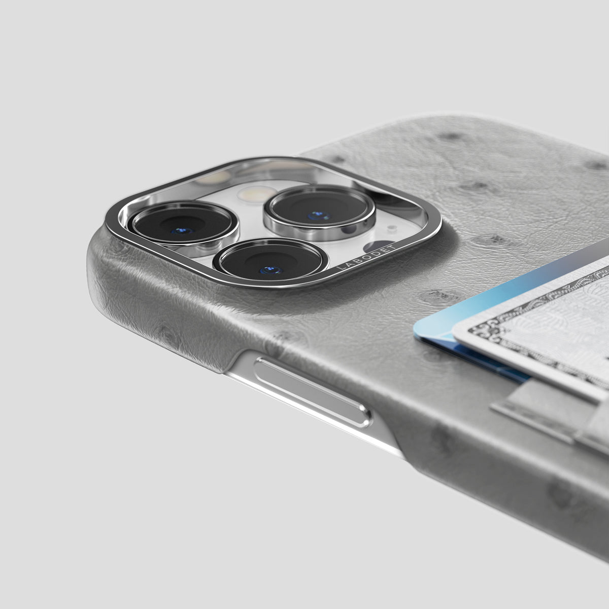 Silver iPhone 15 Pro Max Card Case Ostrich with Steel Metal -5 | Silver-Steel