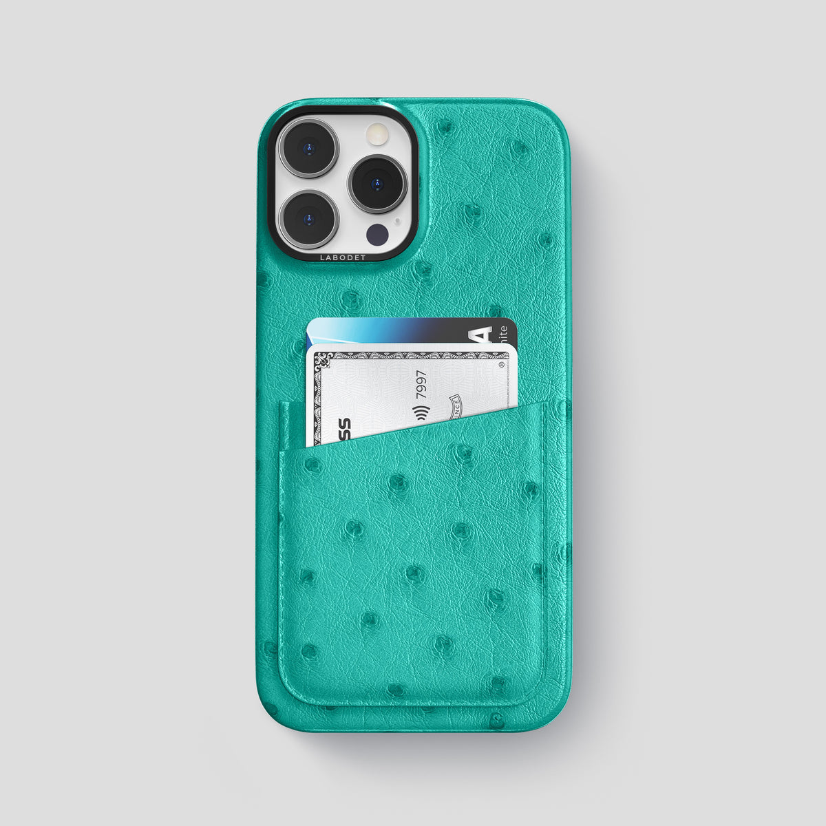 Turquoise iPhone 15 Pro Max Card Case Ostrich with Black Metal -1 | Turquoise-Black
