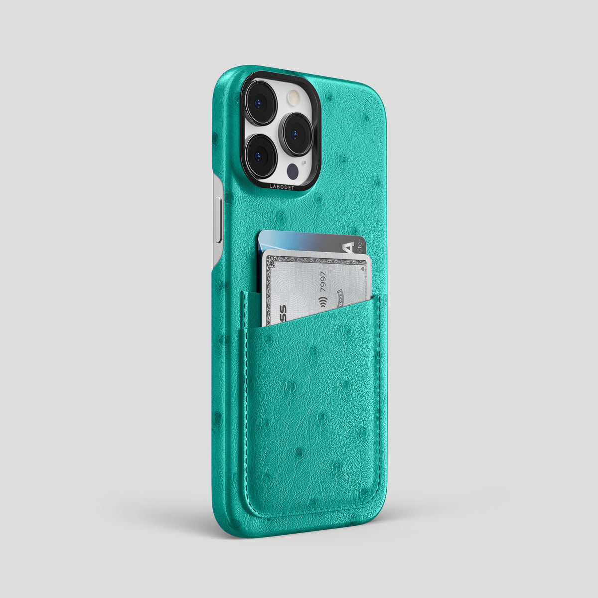 Turquoise iPhone 15 Pro Max Card Case Ostrich with Black Metal -2 | Turquoise-Black