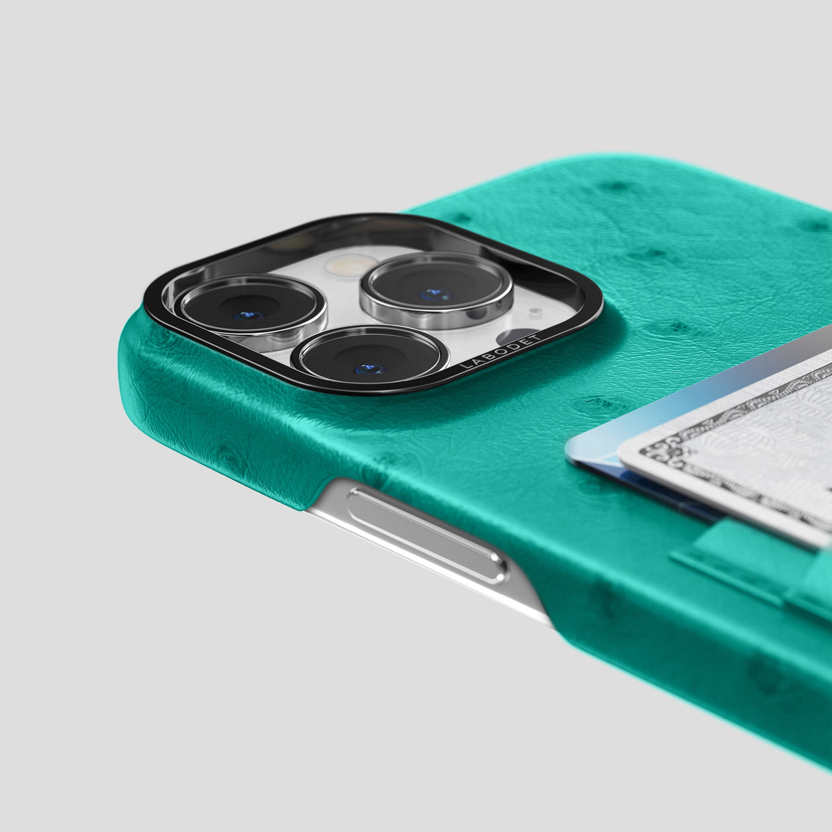 Turquoise iPhone 15 Pro Max Card Case Ostrich with Black Metal -5 | Turquoise-Black