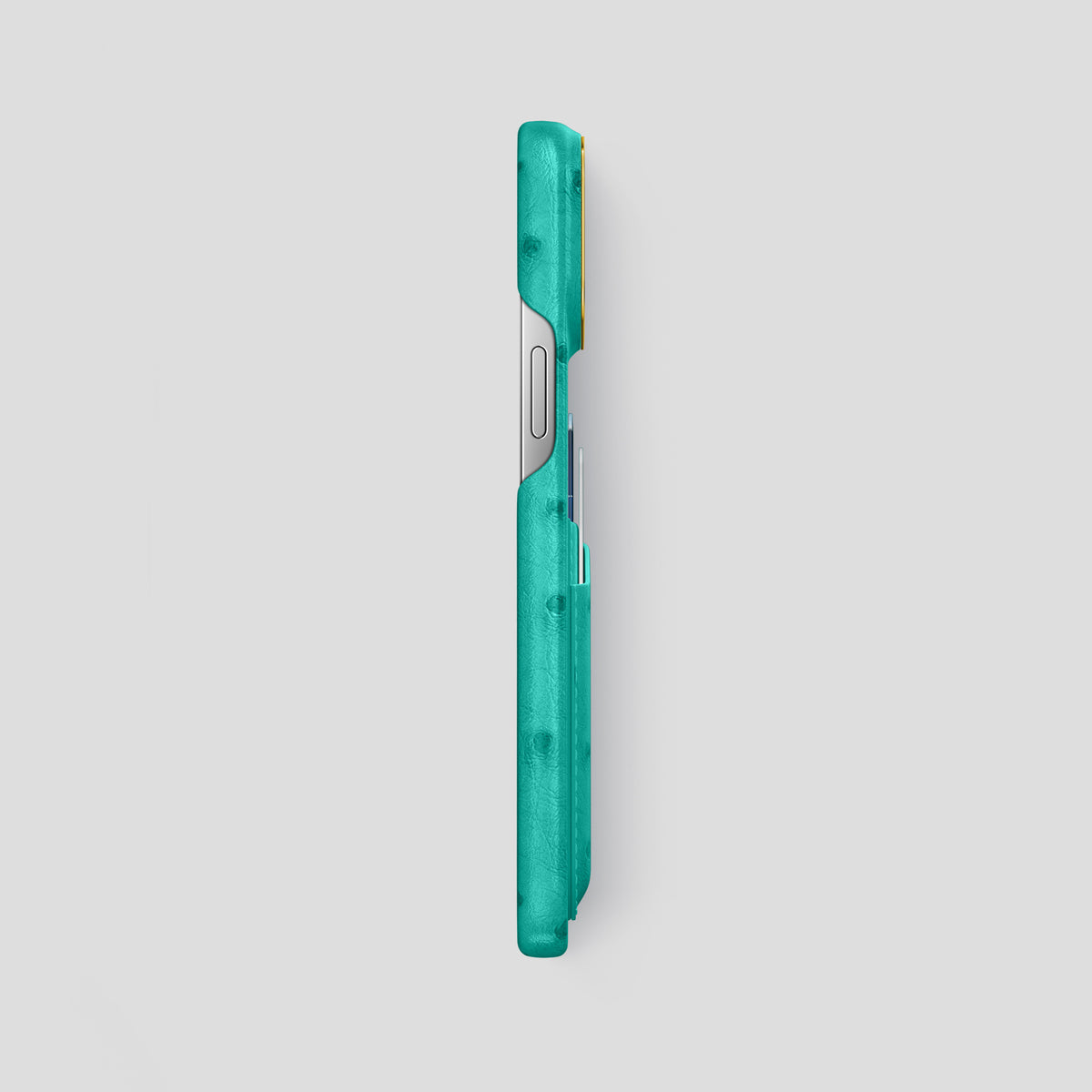Turquoise iPhone 15 Pro Max Card Case Ostrich with Gold Metal -3 | Turquoise-Gold