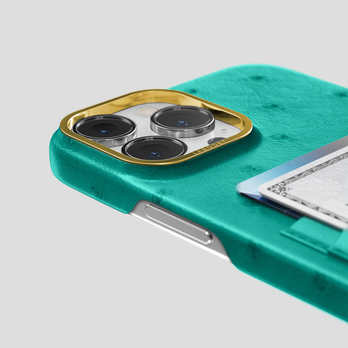 Turquoise iPhone 15 Pro Max Card Case Ostrich with Gold Metal -5 | Turquoise-Gold