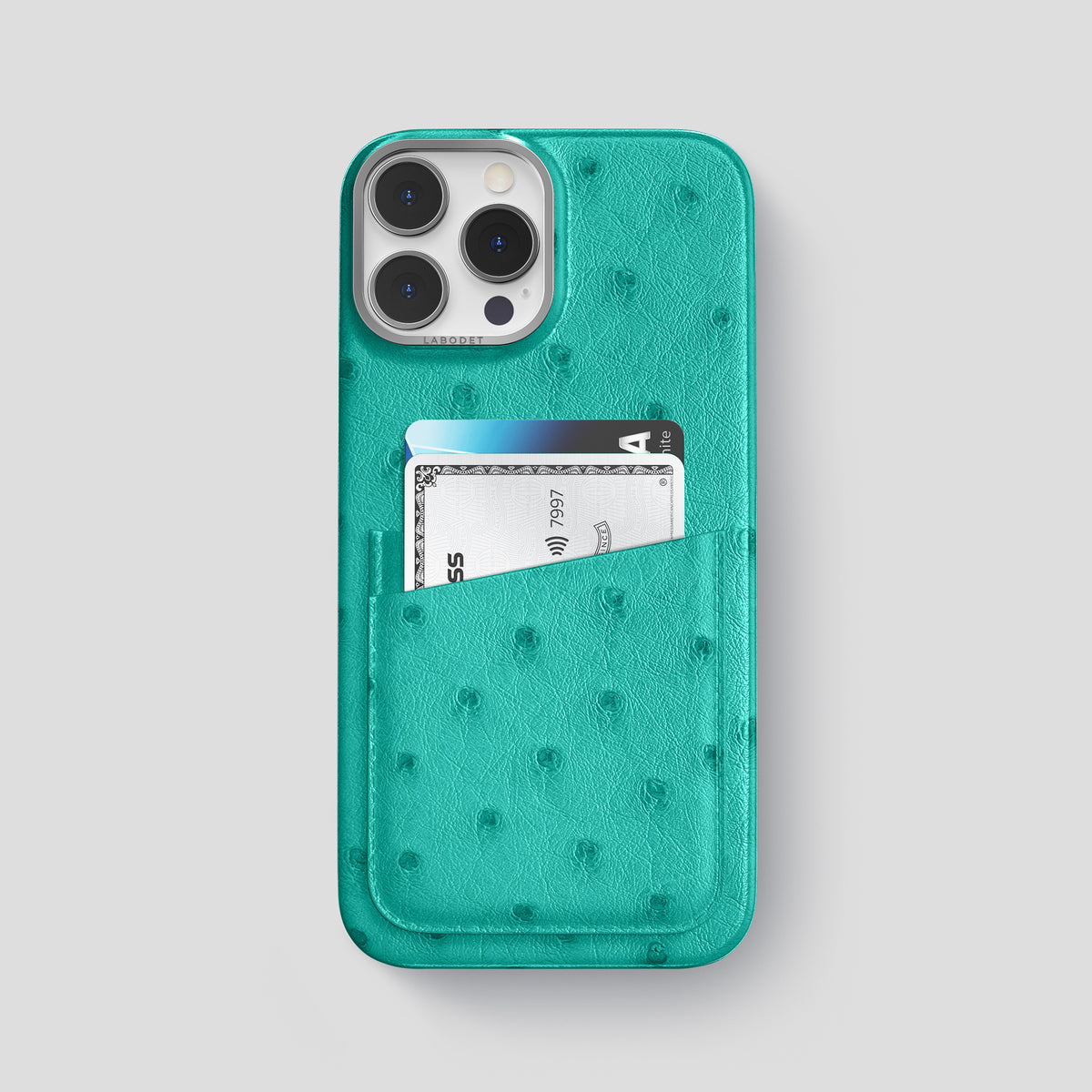 Turquoise iPhone 15 Pro Max Card Case Ostrich with Steel Metal -1 | Turquoise-Steel