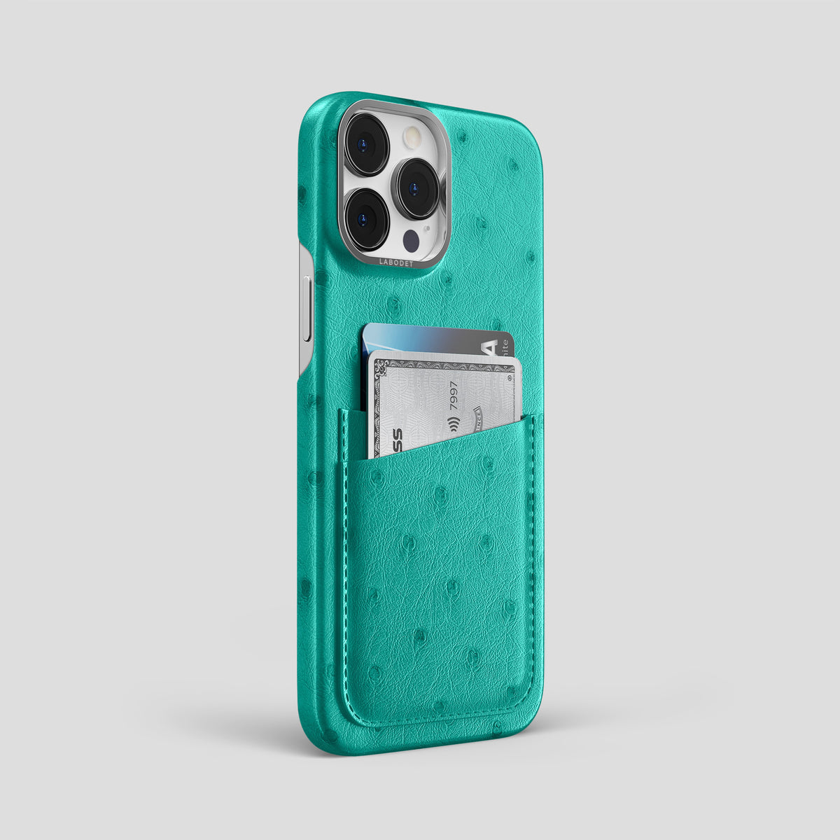 Turquoise iPhone 15 Pro Max Card Case Ostrich with Steel Metal -2 | Turquoise-Steel