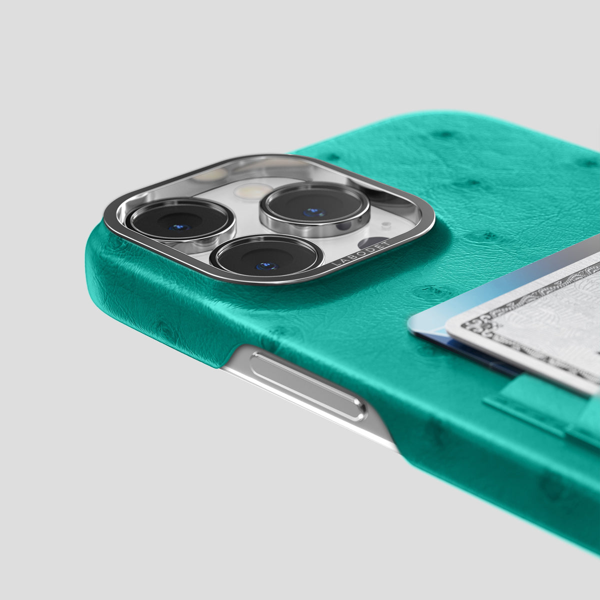 Turquoise iPhone 15 Pro Max Card Case Ostrich with Steel Metal -5 | Turquoise-Steel