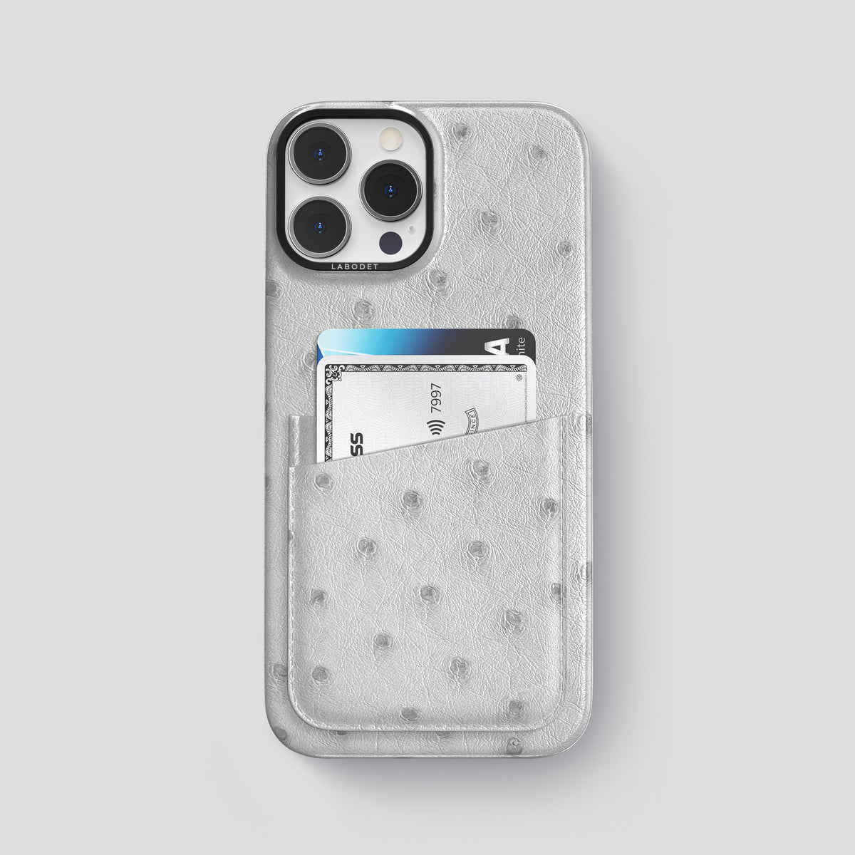 White iPhone 15 Pro Max Card Case Ostrich with Black Metal -1 | White-Black