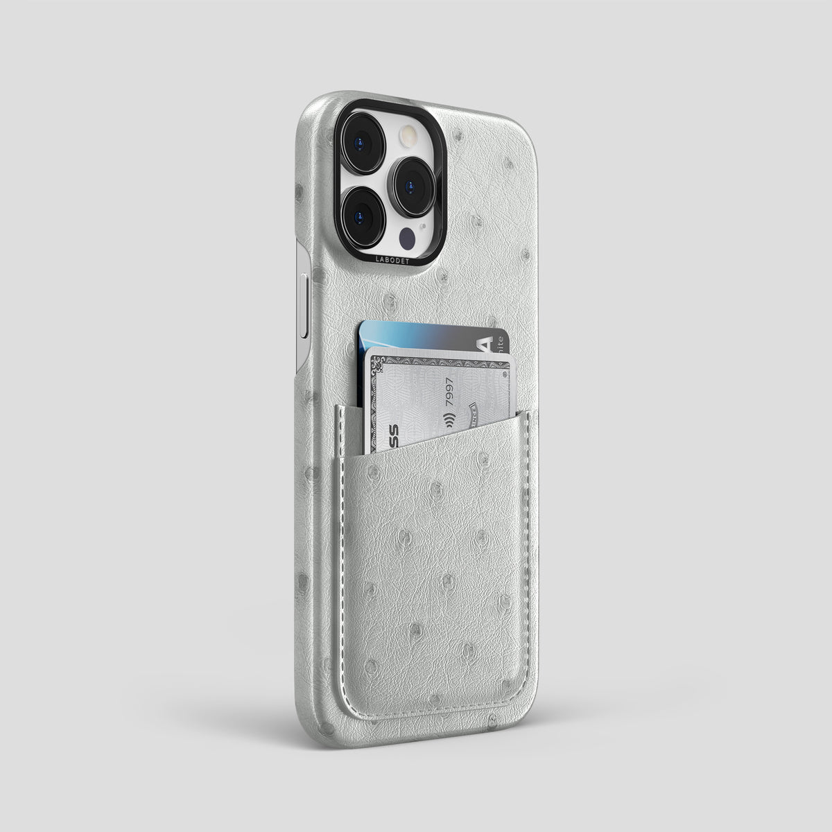 White iPhone 15 Pro Max Card Case Ostrich with Black Metal -2 | White-Black