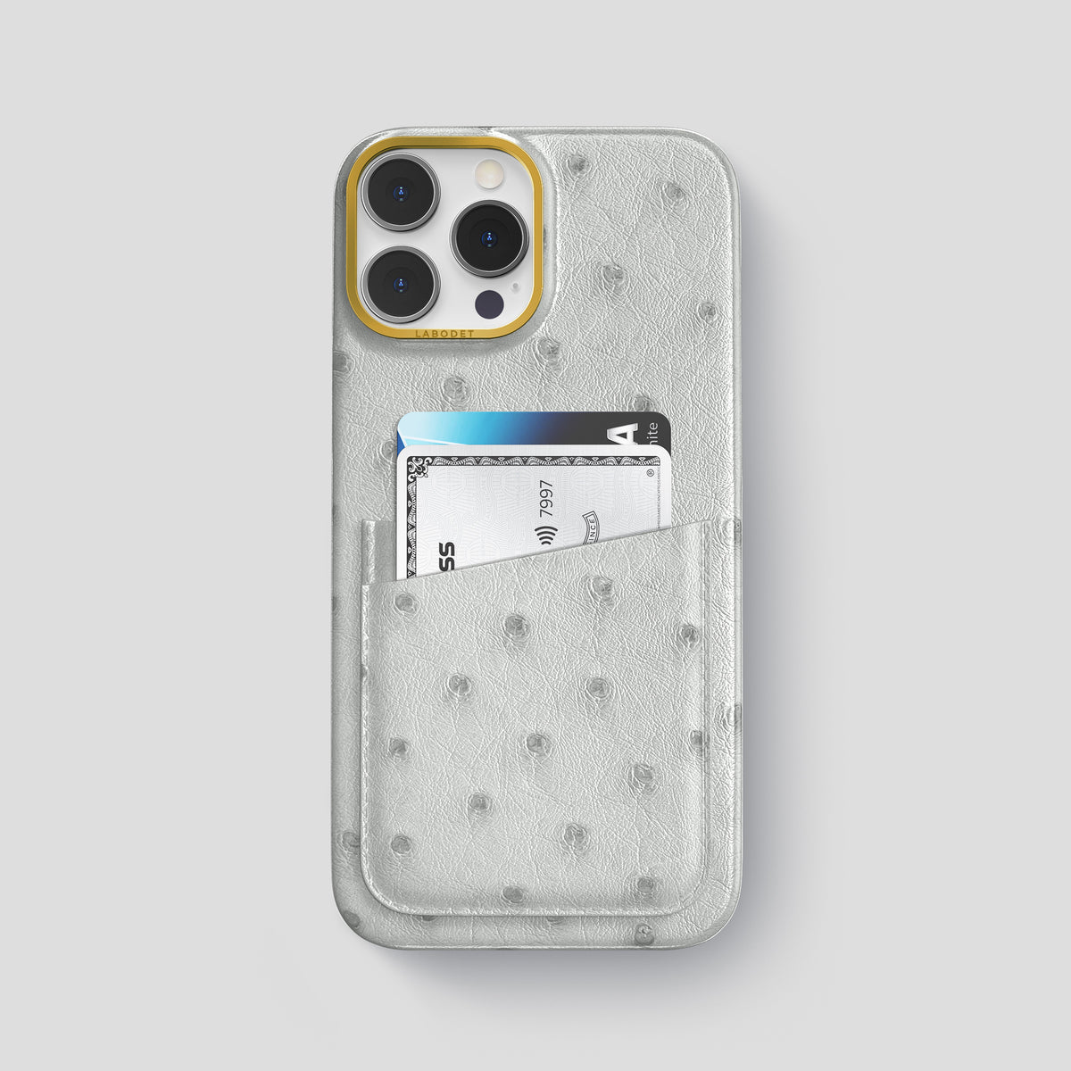 White iPhone 15 Pro Max Card Case Ostrich with Gold Metal -1 | White-Gold