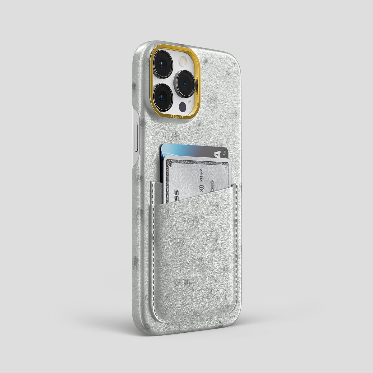 White iPhone 15 Pro Max Card Case Ostrich with Gold Metal -2 | White-Gold
