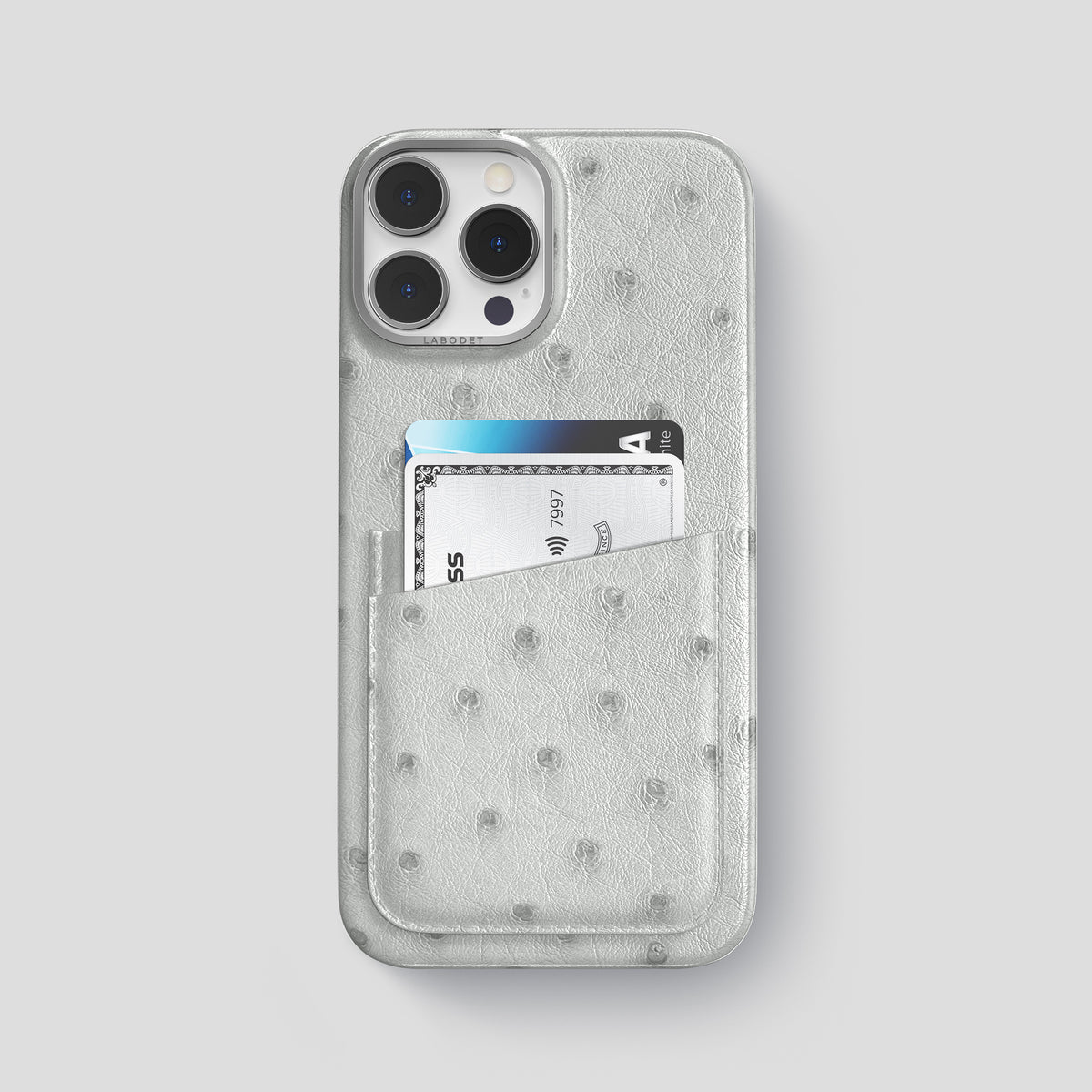 White iPhone 15 Pro Max Card Case Ostrich with Steel Metal -1 | White-Steel