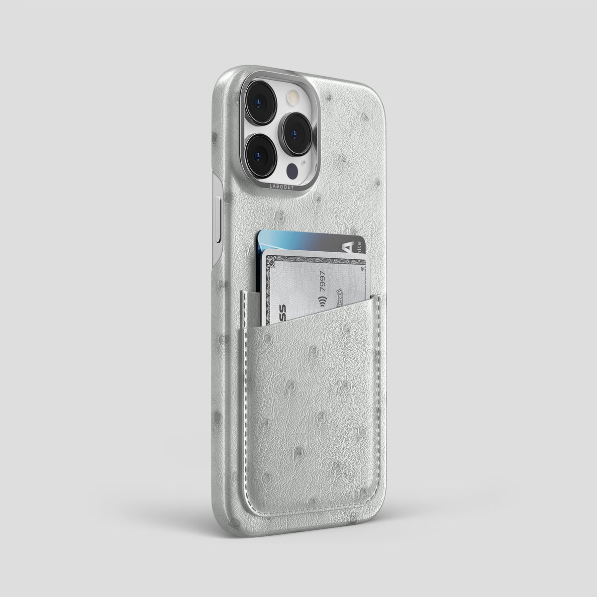 White iPhone 15 Pro Max Card Case Ostrich with Steel Metal -2 | White-Steel