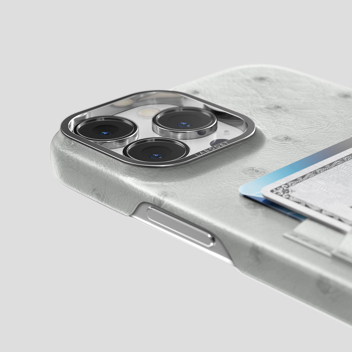 White iPhone 15 Pro Max Card Case Ostrich with Steel Metal -5 | White-Steel