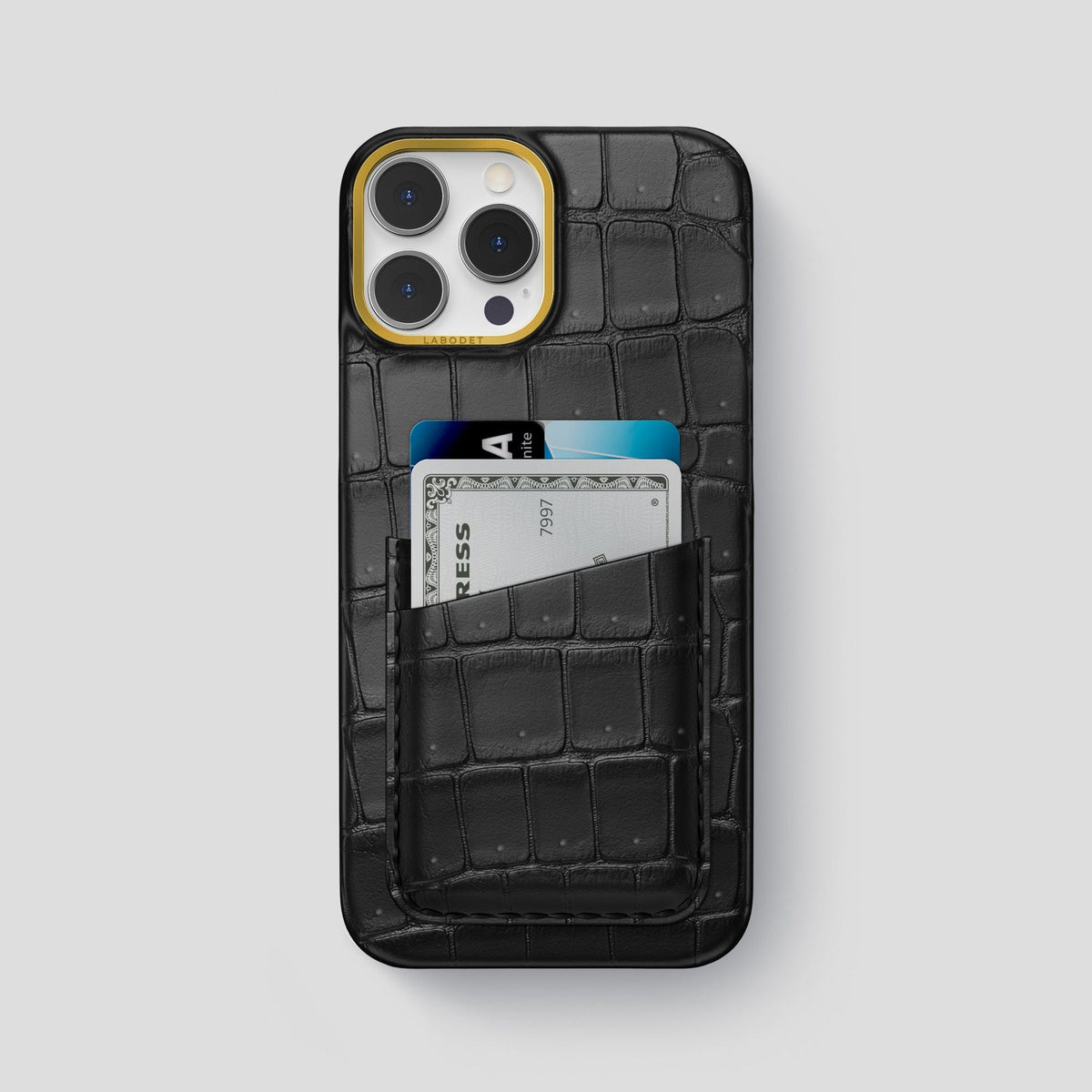 Black iPhone 15 Pro Max Double Card Case Porosus Crocodile with Gold Metal -1 | Black-Gold