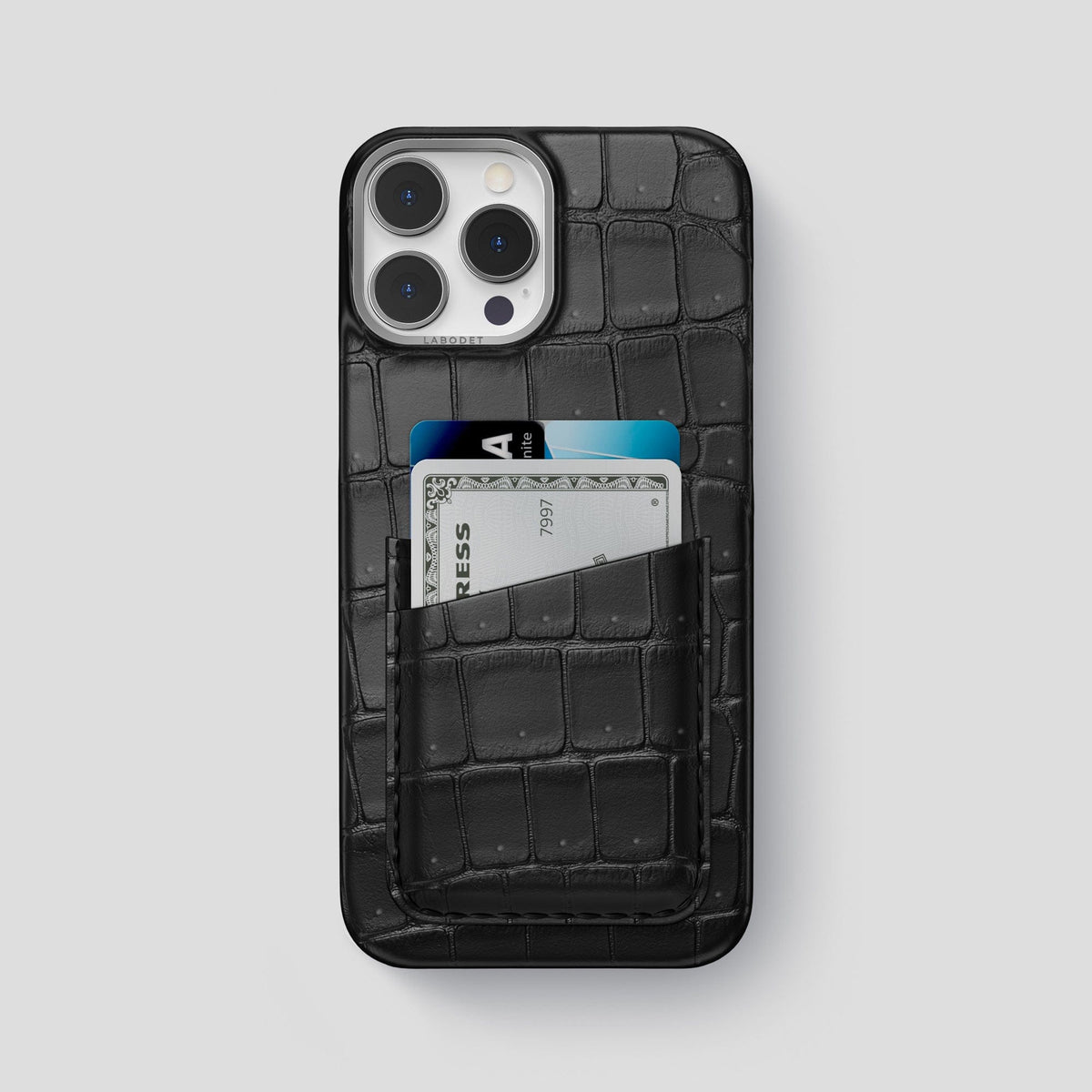 Black iPhone 15 Pro Max Double Card Case Porosus Crocodile with Steel Metal -1 | Black-Steel