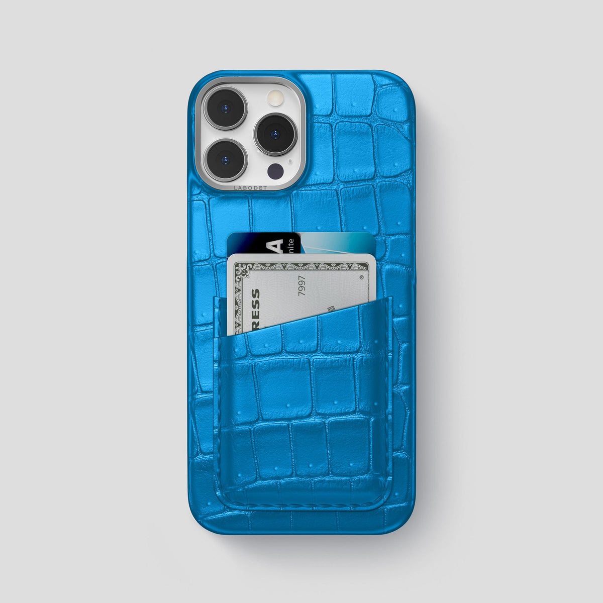 Blue-Lagoon iPhone 15 Pro Max Double Card Case Porosus Crocodile with Steel Metal -1 | Blue-Lagoon-Steel
