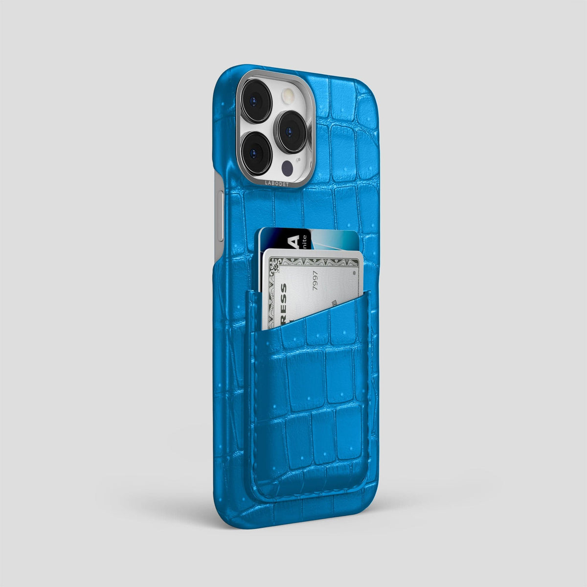 Blue-Lagoon iPhone 15 Pro Max Double Card Case Porosus Crocodile with Steel Metal -2 | Blue-Lagoon-Steel