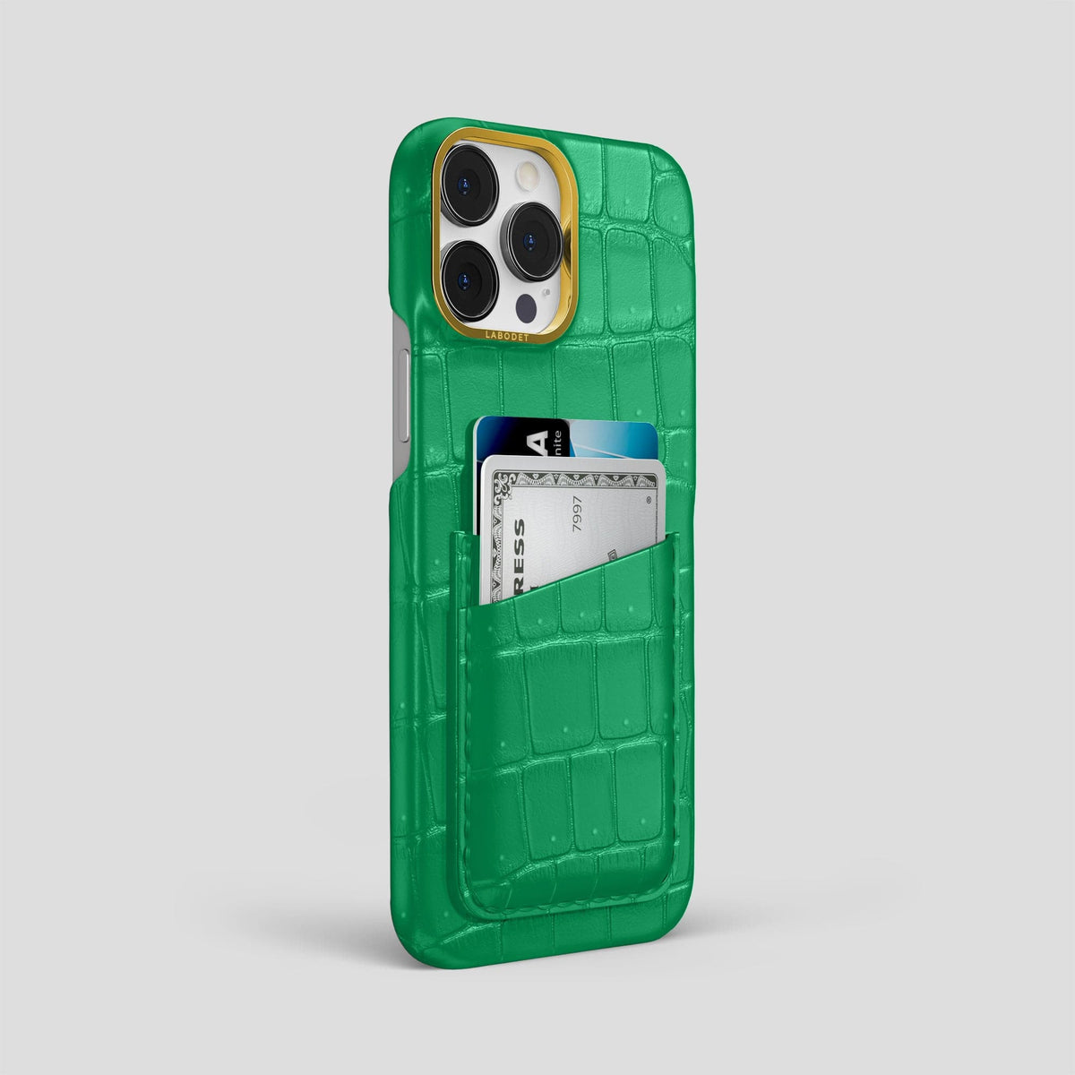 Cactus-Green iPhone 15 Pro Max Double Card Case Porosus Crocodile with Gold Metal -2 | Cactus-Green-Gold