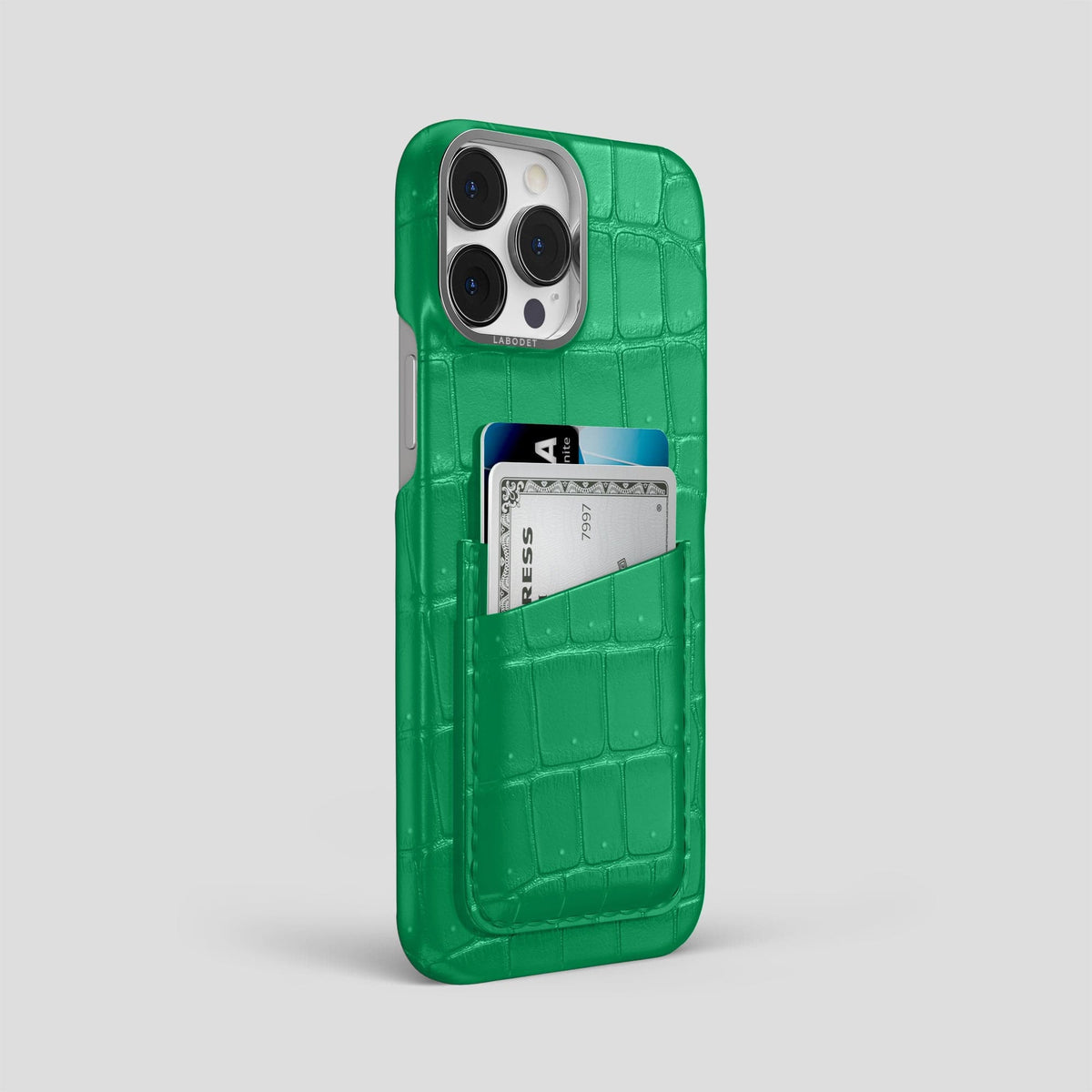 Cactus-Green iPhone 15 Pro Max Double Card Case Porosus Crocodile with Steel Metal -2 | Cactus-Green-Steel