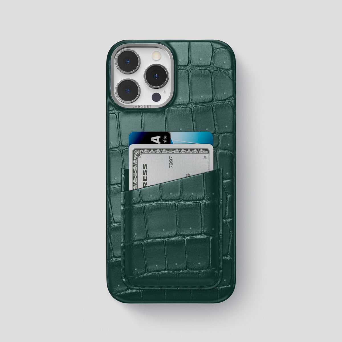 Dark-Forest iPhone 15 Pro Max Double Card Case Porosus Crocodile with Steel Metal -1 | Dark-Forest-Steel