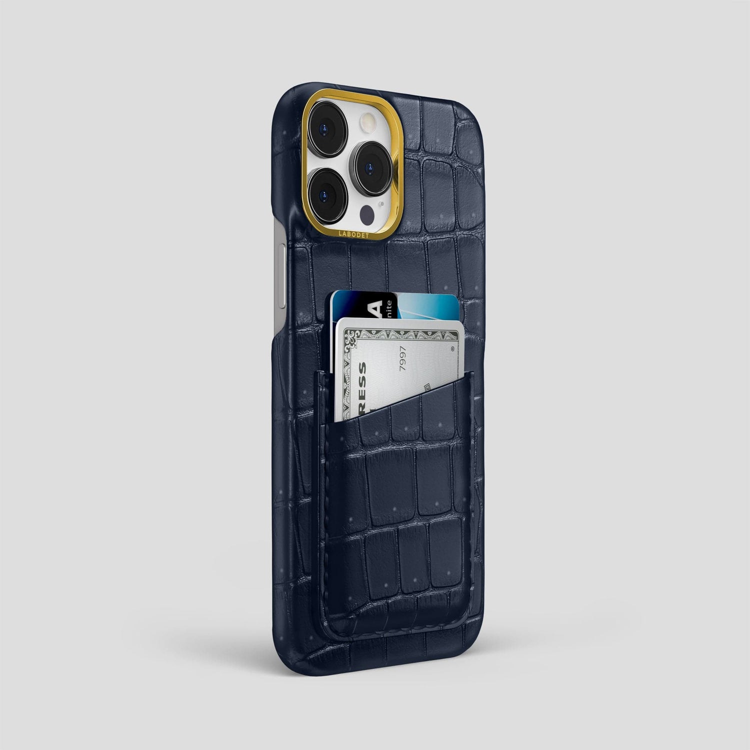 Deep Blue Sea iPhone 15 Pro Max Double Card Case Porosus Crocodile with Gold Metal -2 | Deep-Blue-Sea-Gold