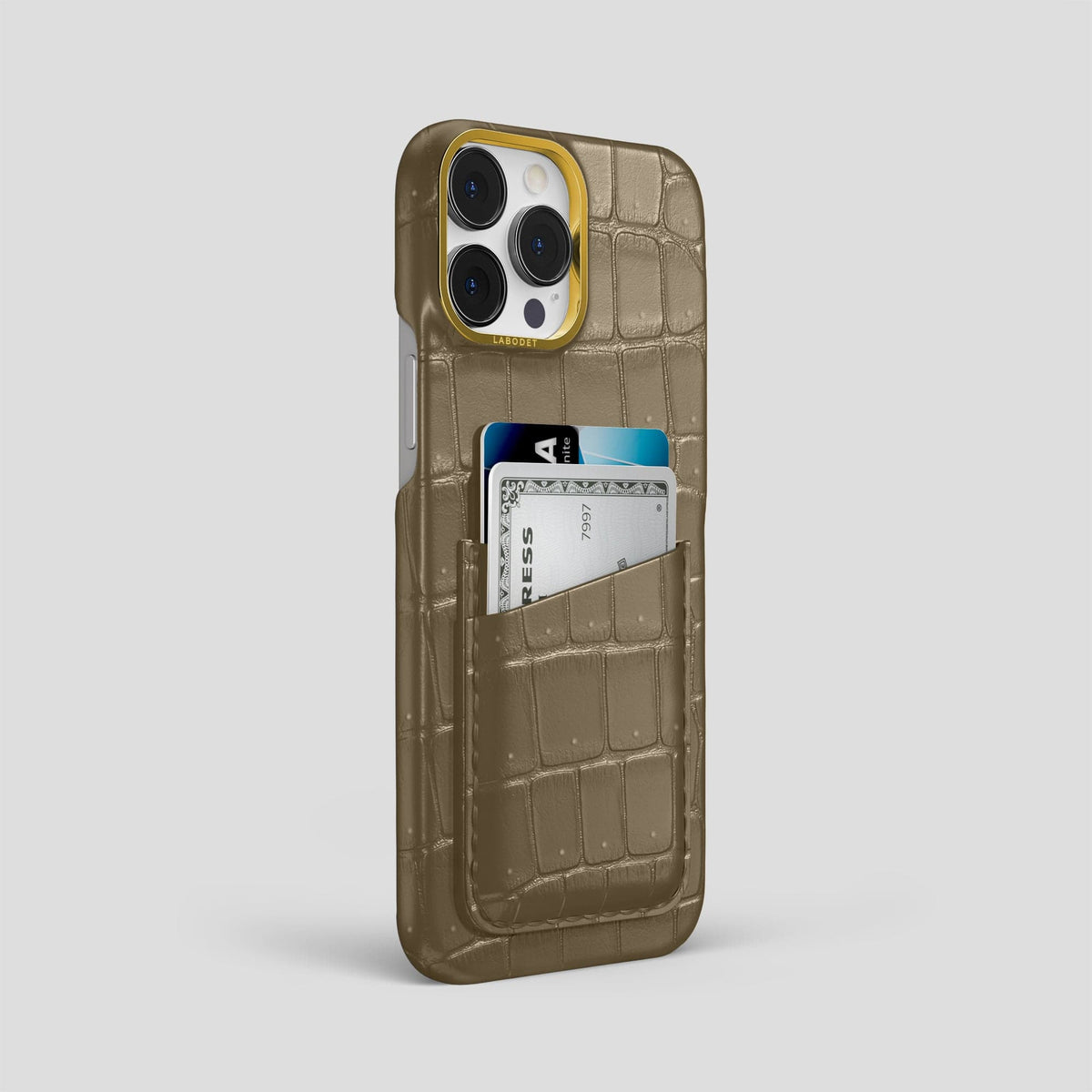 Kaki-Green iPhone 15 Pro Max Double Card Case Porosus Crocodile with Gold Metal -2 | Kaki-Green-Gold