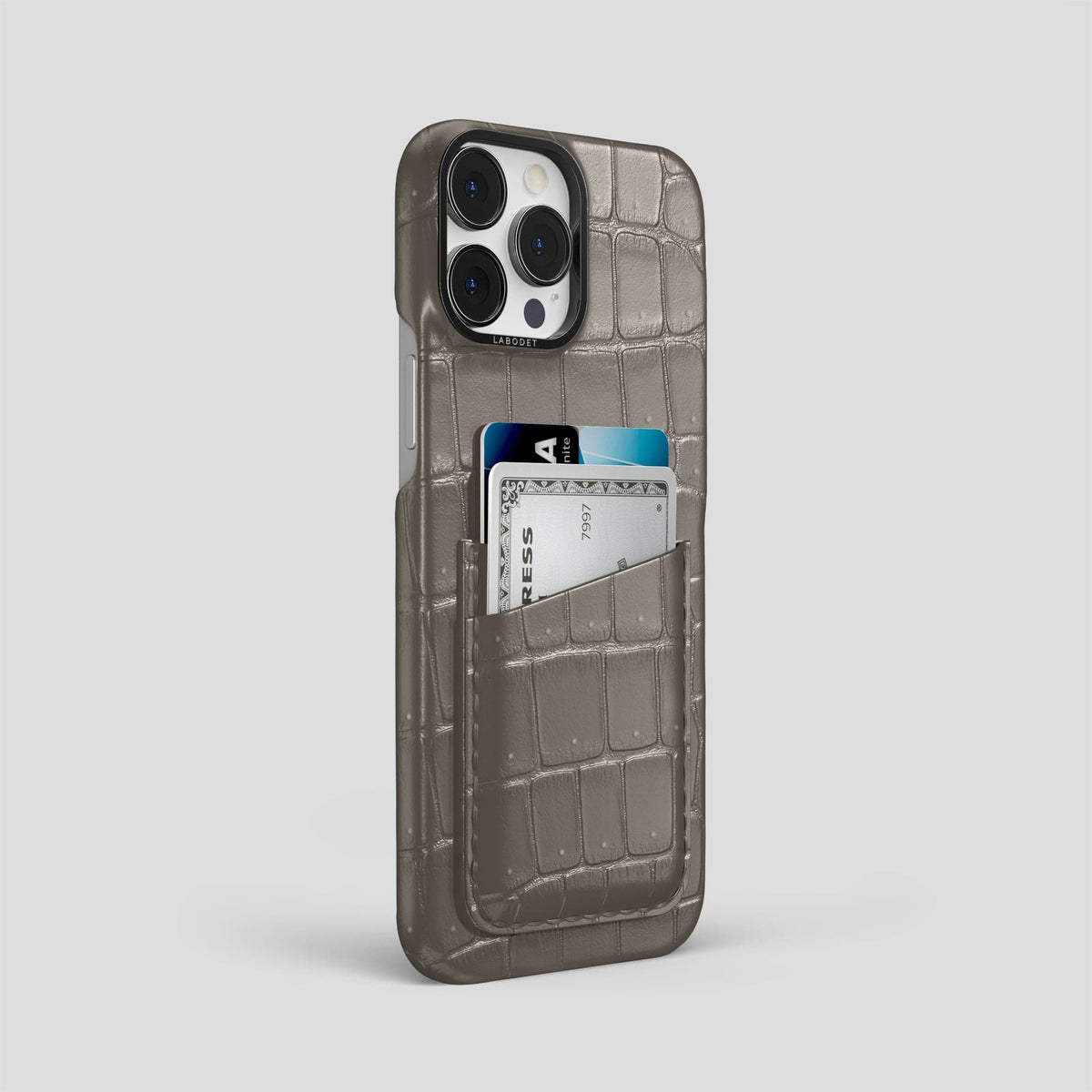 Lava-Stone iPhone 15 Pro Max Double Card Case Porosus Crocodile with Black Metal -2 | Lava-Stone-Black