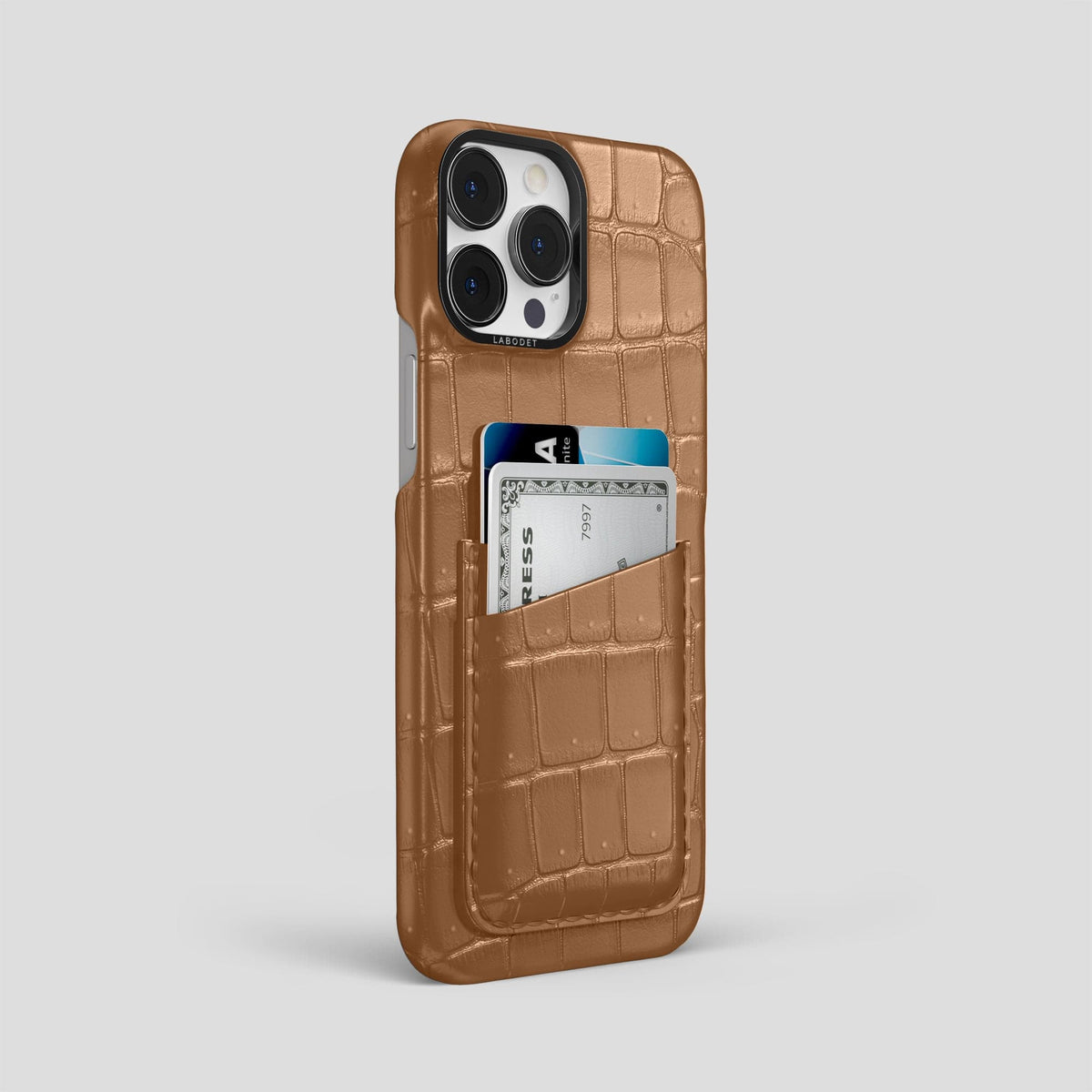 Milk-Chocolate iPhone 15 Pro Max Double Card Case Porosus Crocodile with Black Metal -2 | Milk-Chocolate-Black