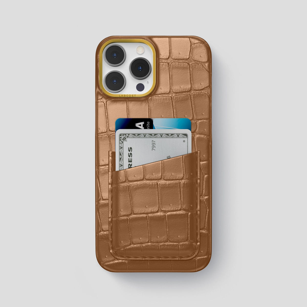 Milk-Chocolate iPhone 15 Pro Max Double Card Case Porosus Crocodile with Gold Metal -1 | Milk-Chocolate-Gold