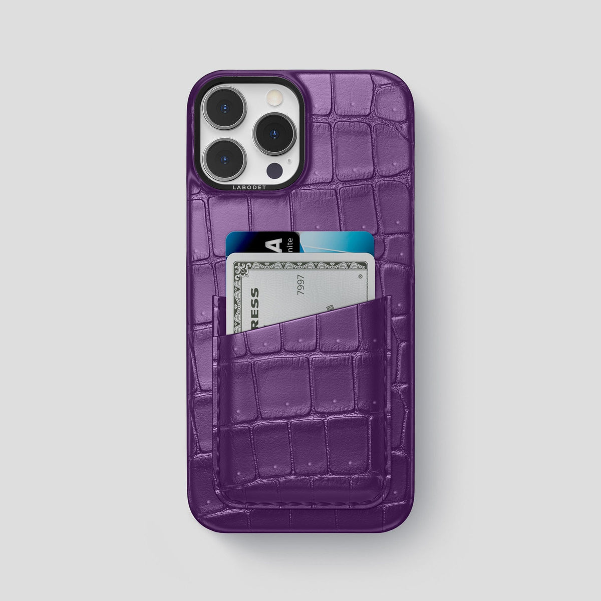 Purple iPhone 15 Pro Max Double Card Case Porosus Crocodile with Black Metal -1 | Purple-Black