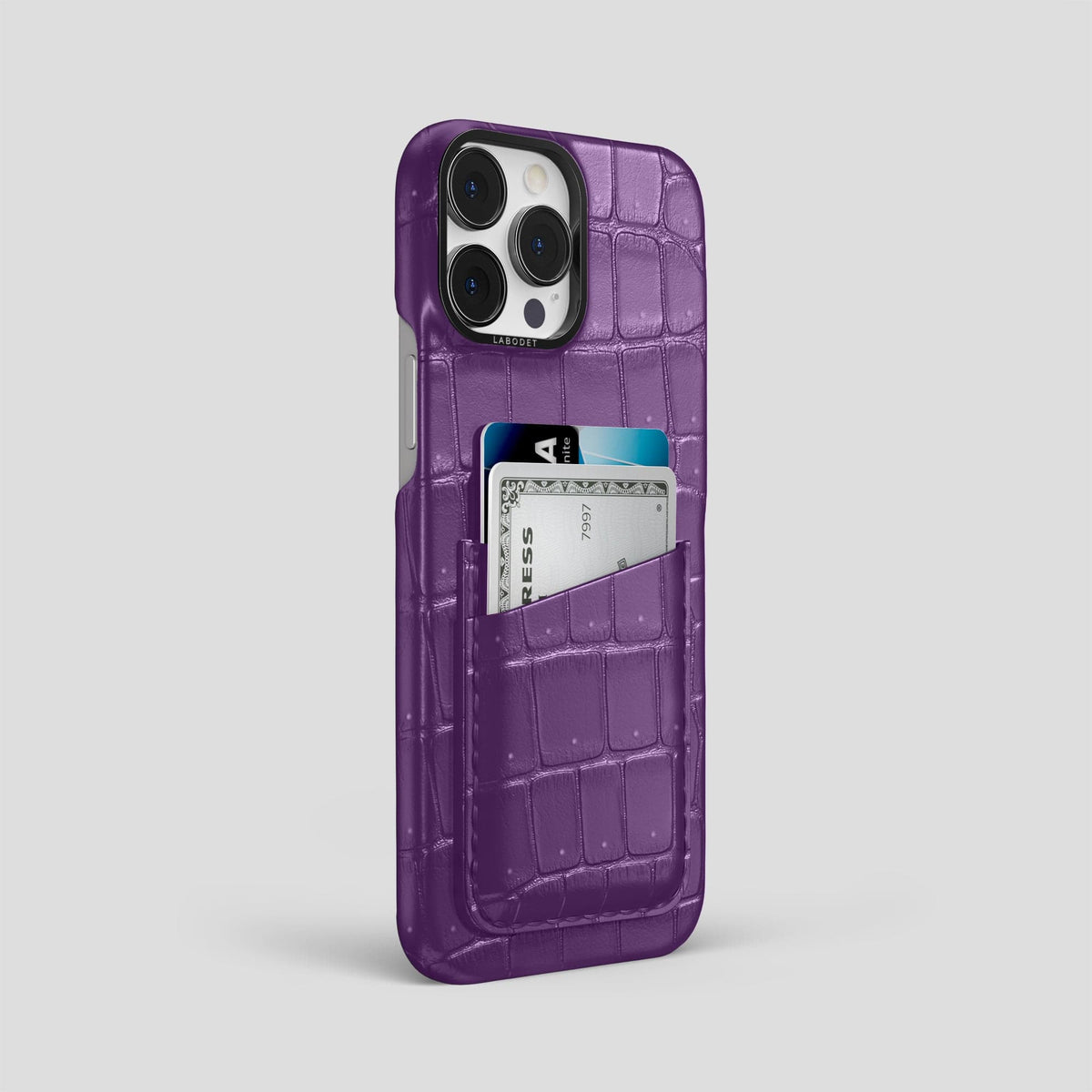 Purple iPhone 15 Pro Max Double Card Case Porosus Crocodile with Black Metal -2 | Purple-Black