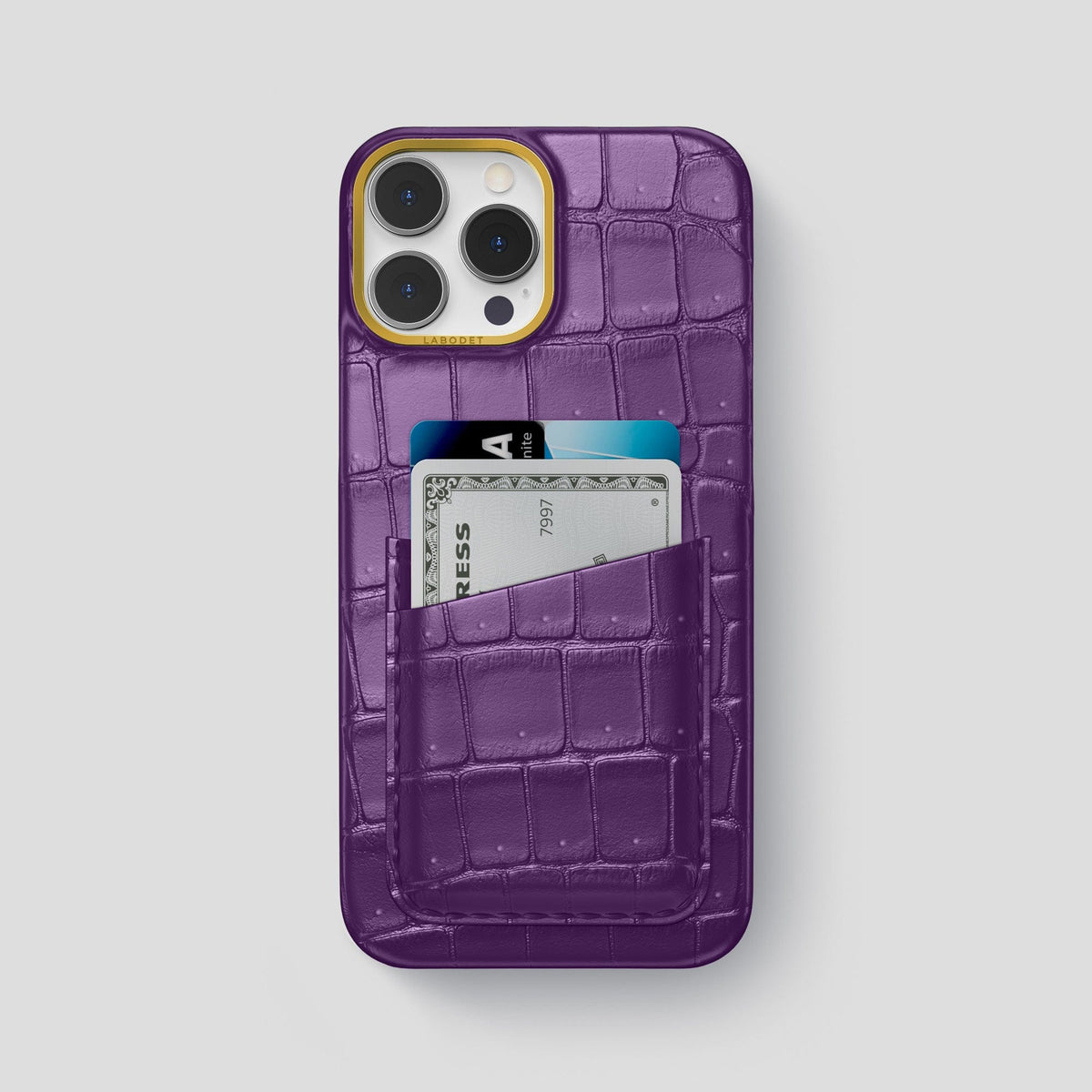 Purple iPhone 15 Pro Max Double Card Case Porosus Crocodile with Gold Metal -1 | Purple-Gold