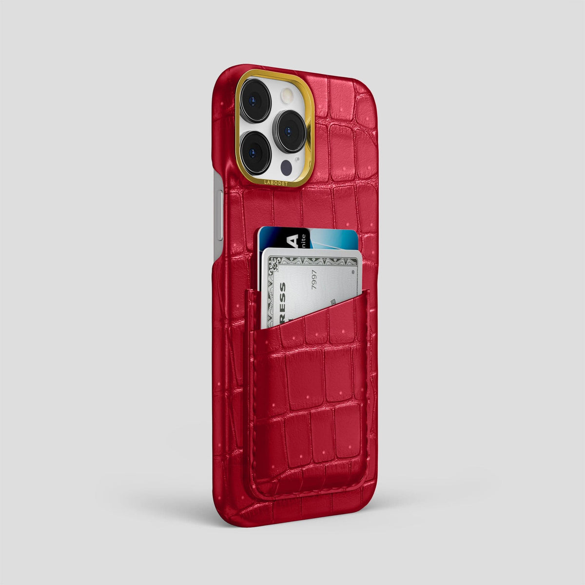 Burgundy iPhone 15 Pro Max Double Card Case Porosus Crocodile with Gold Metal -2 | Burgundy-Gold