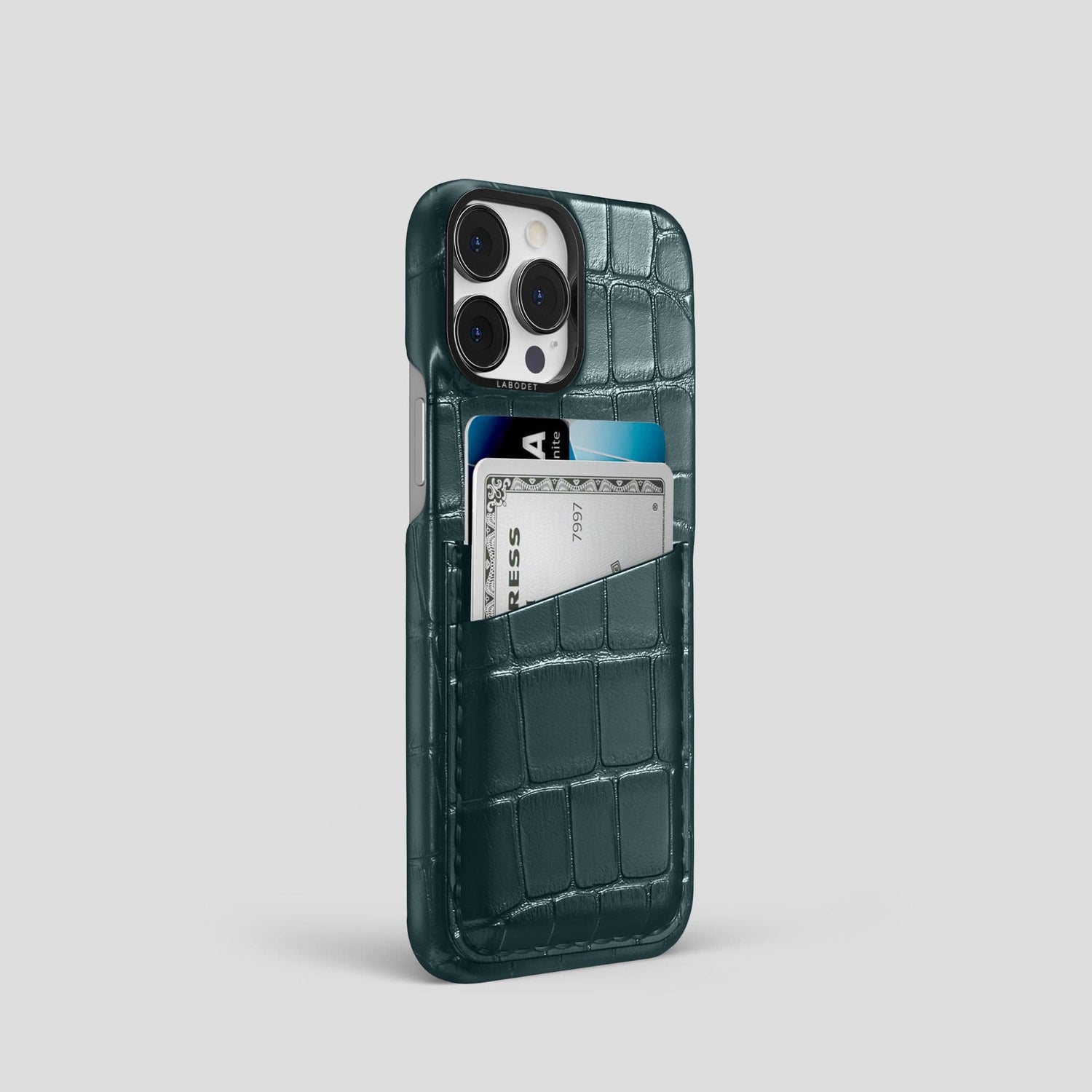 Metallic-Blue iPhone 15 Pro Card Case Alligator with Black Metal -2 | Metallic-Blue-Black