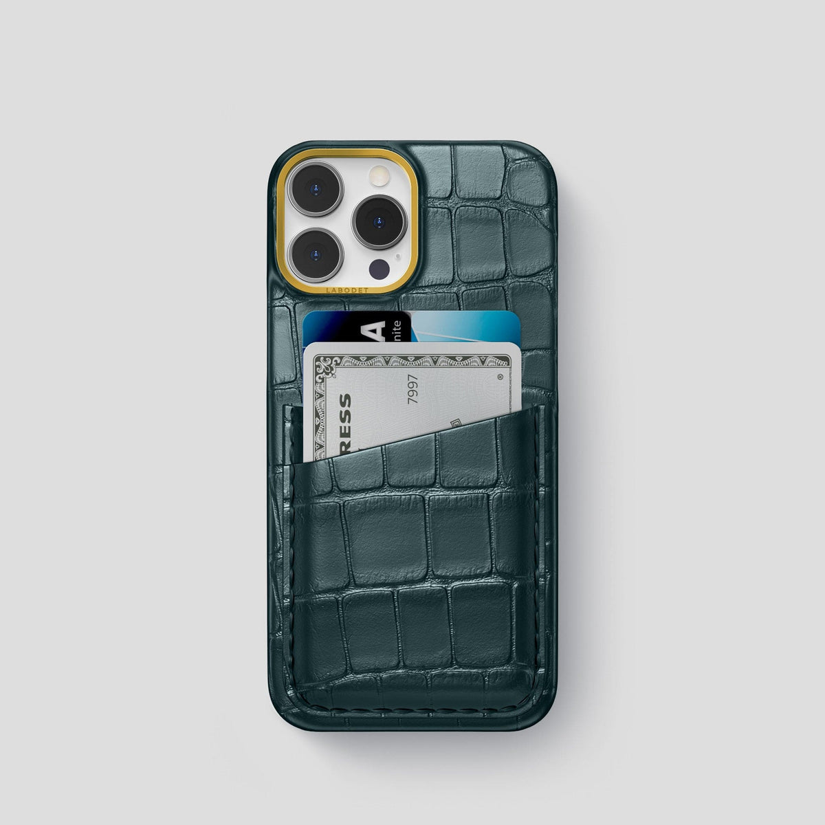 Metallic-Blue iPhone 15 Pro Card Case Alligator with Gold Metal -1 | Metallic-Blue-Gold