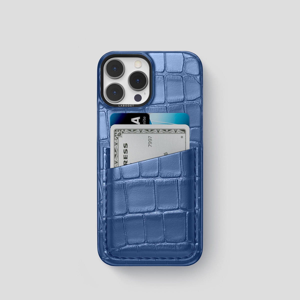 Pearlized-Blue iPhone 15 Pro Card Case Alligator with Black Metal -1 | Pearlized-Blue-Black