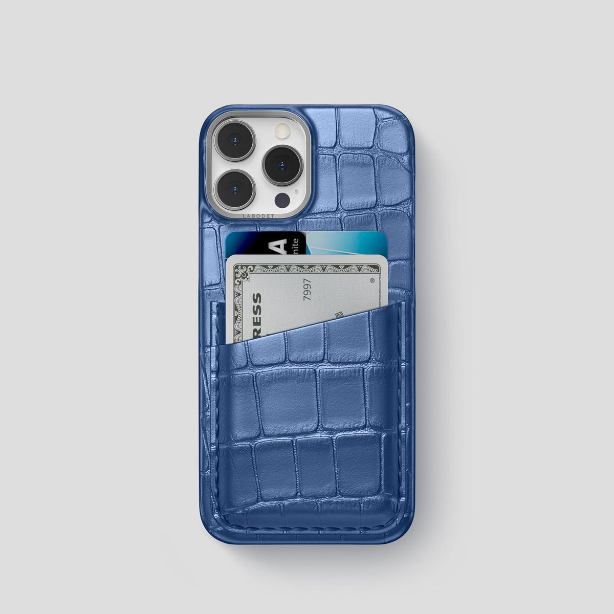 Pearlized-Blue iPhone 15 Pro Card Case Alligator with Steel Metal -1 | Pearlized-Blue-Steel