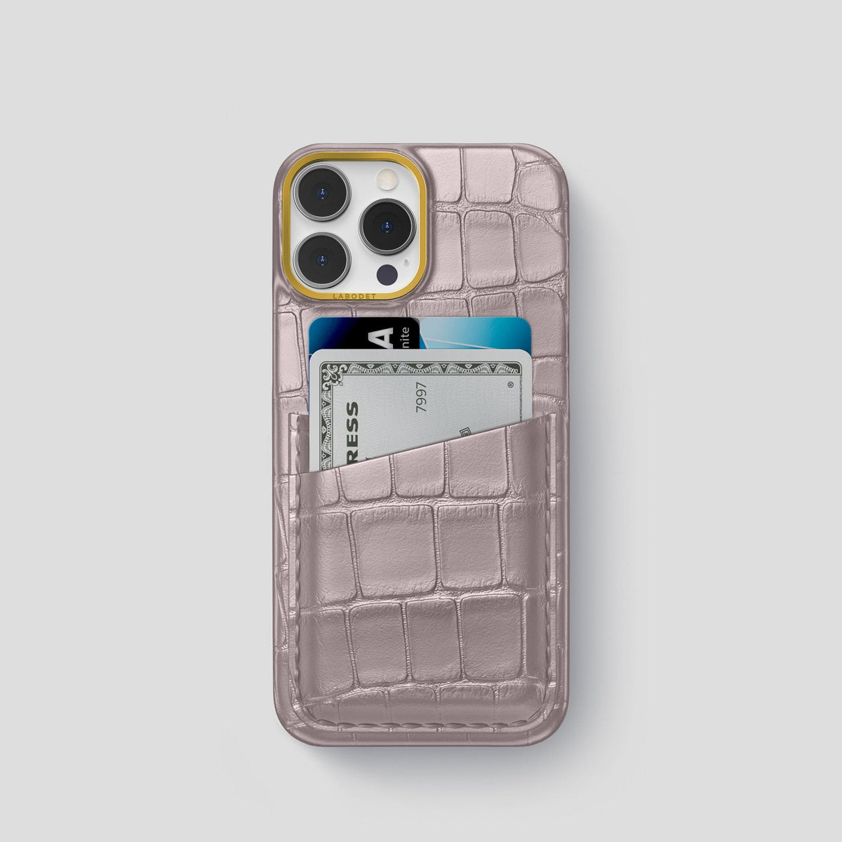 Pearlized-Pink iPhone 15 Pro Card Case Alligator with Gold Metal -1 | Pearlized-Pink-Gold